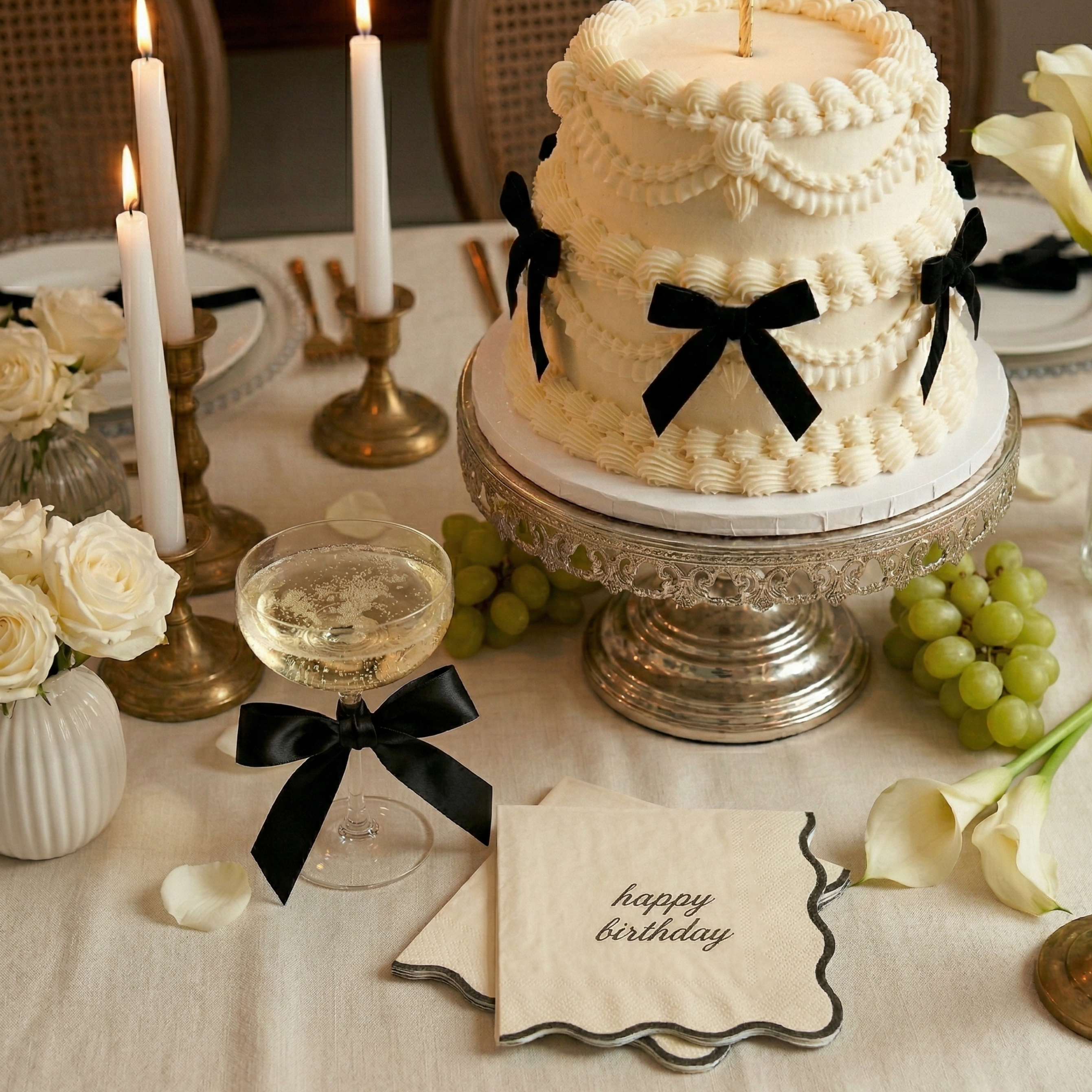 Happy Birthday Cocktail Napkins - Cream & Black