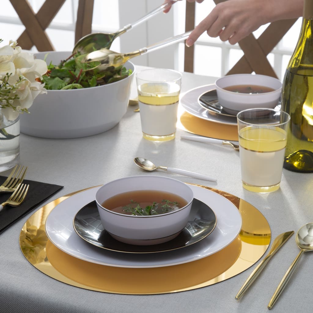 14 Oz. Round White • Gold Plastic Soup Bowls | 10 Pack