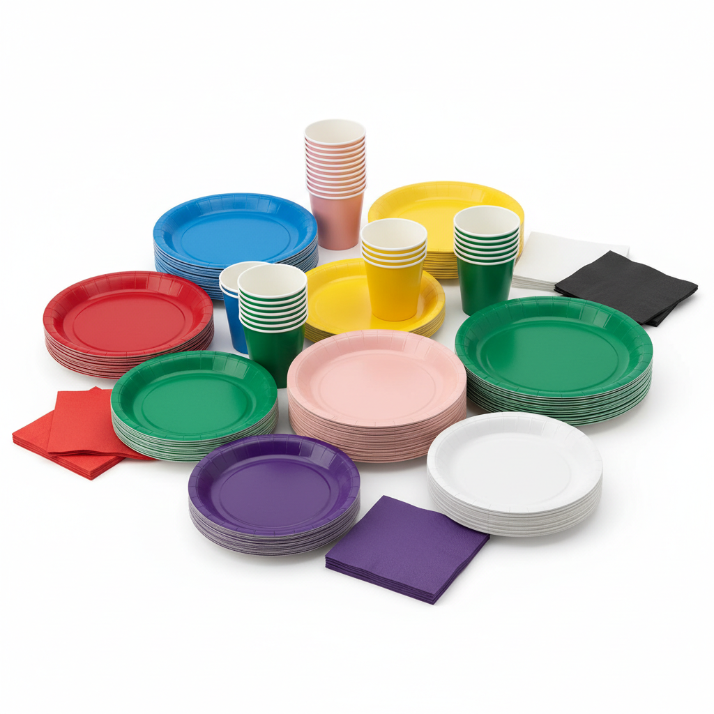 Solid color party tableware set with plates, cups and napkins in assorted colors
