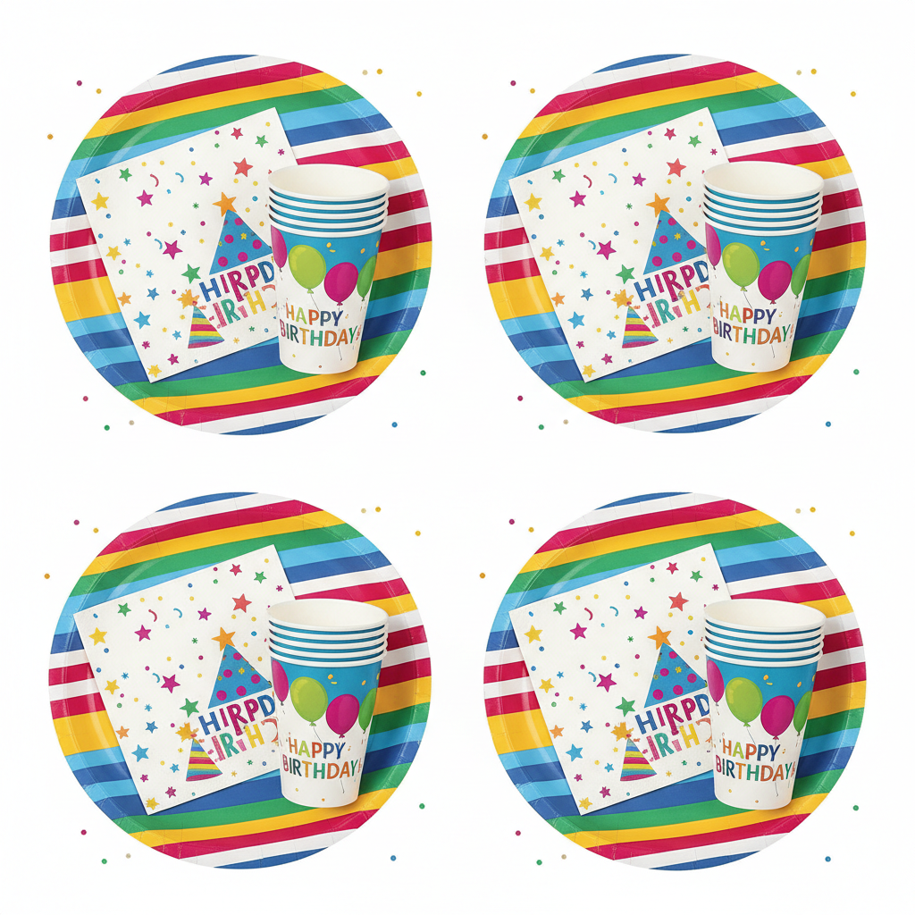 Colorful party tableware set with plates, cups and napkins