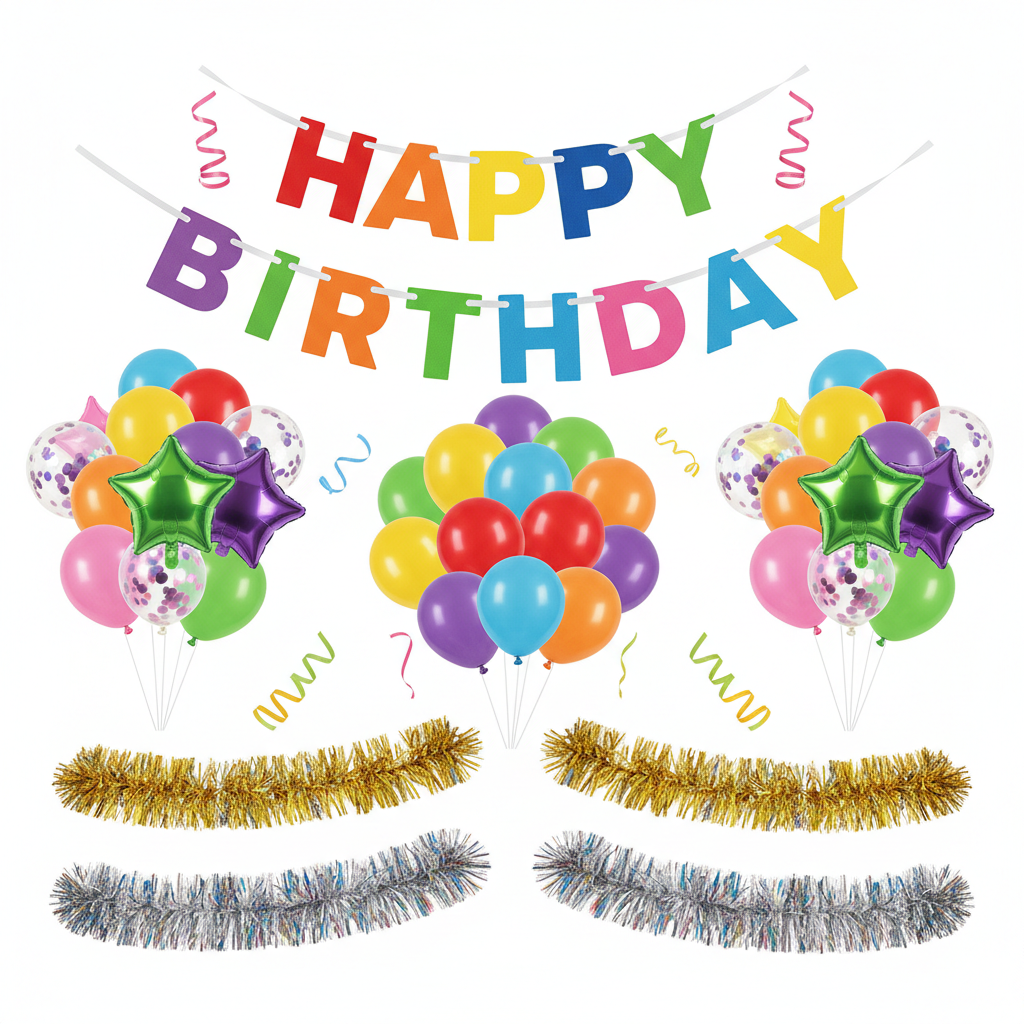 Happy Birthday banner and decoration set with colorful banners and garlands