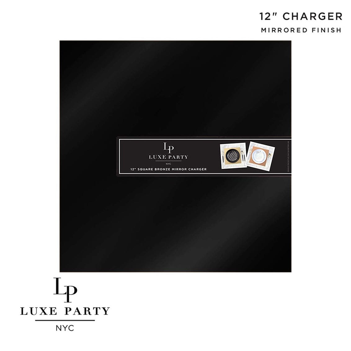 12" Black Square Light Weight Mirror Charger Plate