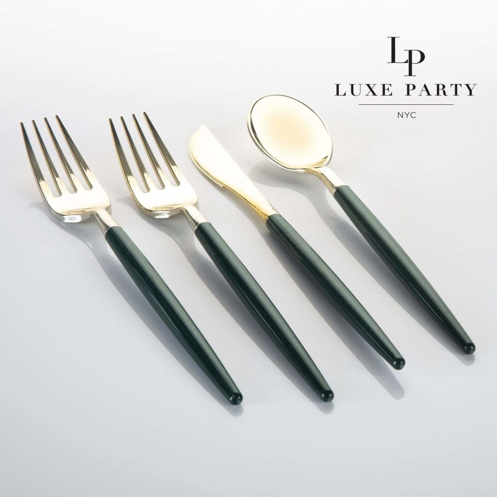Emerald • Gold Plastic Cutlery Set | 32 Pieces