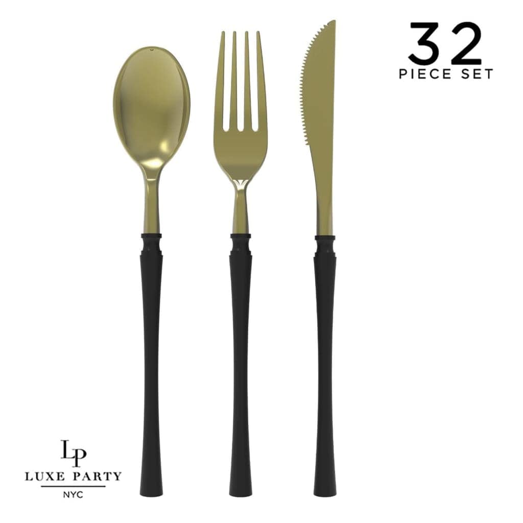 Neo Classic Black • Gold Plastic Cutlery Set | 32 Pieces