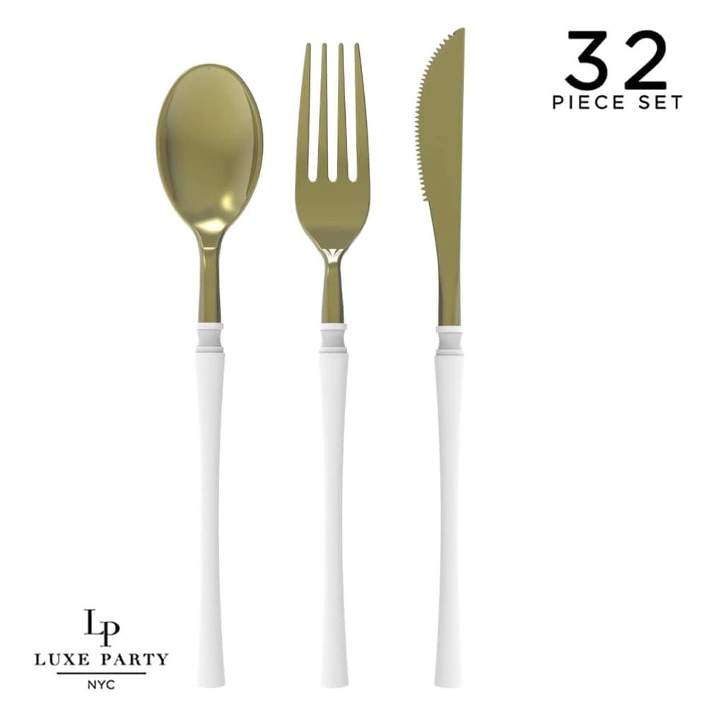 Neo Classic White • Gold Plastic Cutlery Set | 32 Pieces