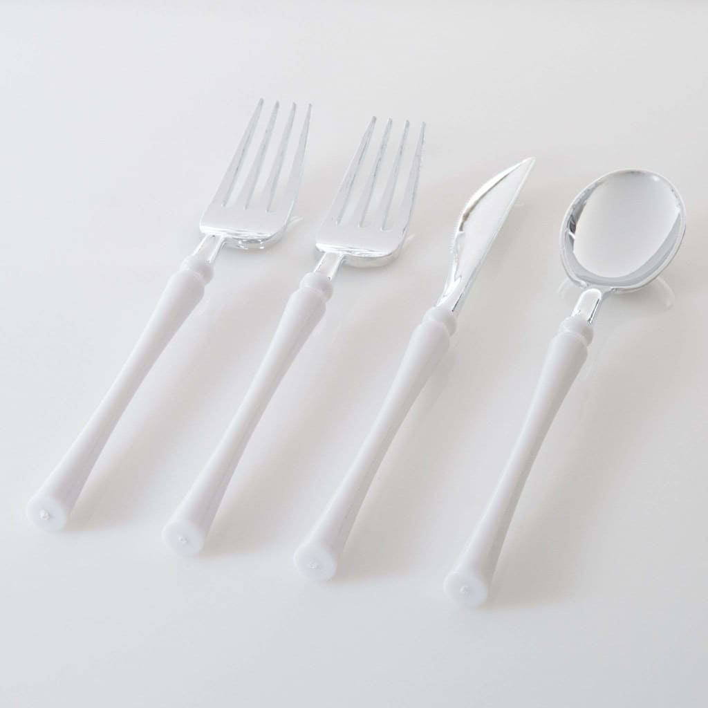Neo Classic White • Silver Plastic Cutlery Set | 32 Pieces