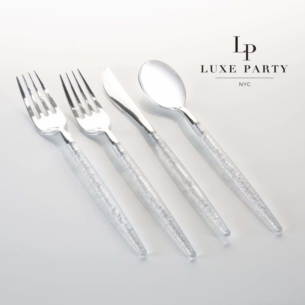 Silver Glitter Plastic Cutlery Set | 32 Pieces