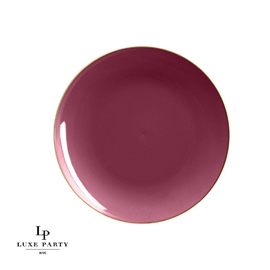 Round Cranberry Red and  Gold Plastic Plates | 10 Pack