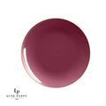 Round Cranberry Red and  Gold Plastic Plates | 10 Pack