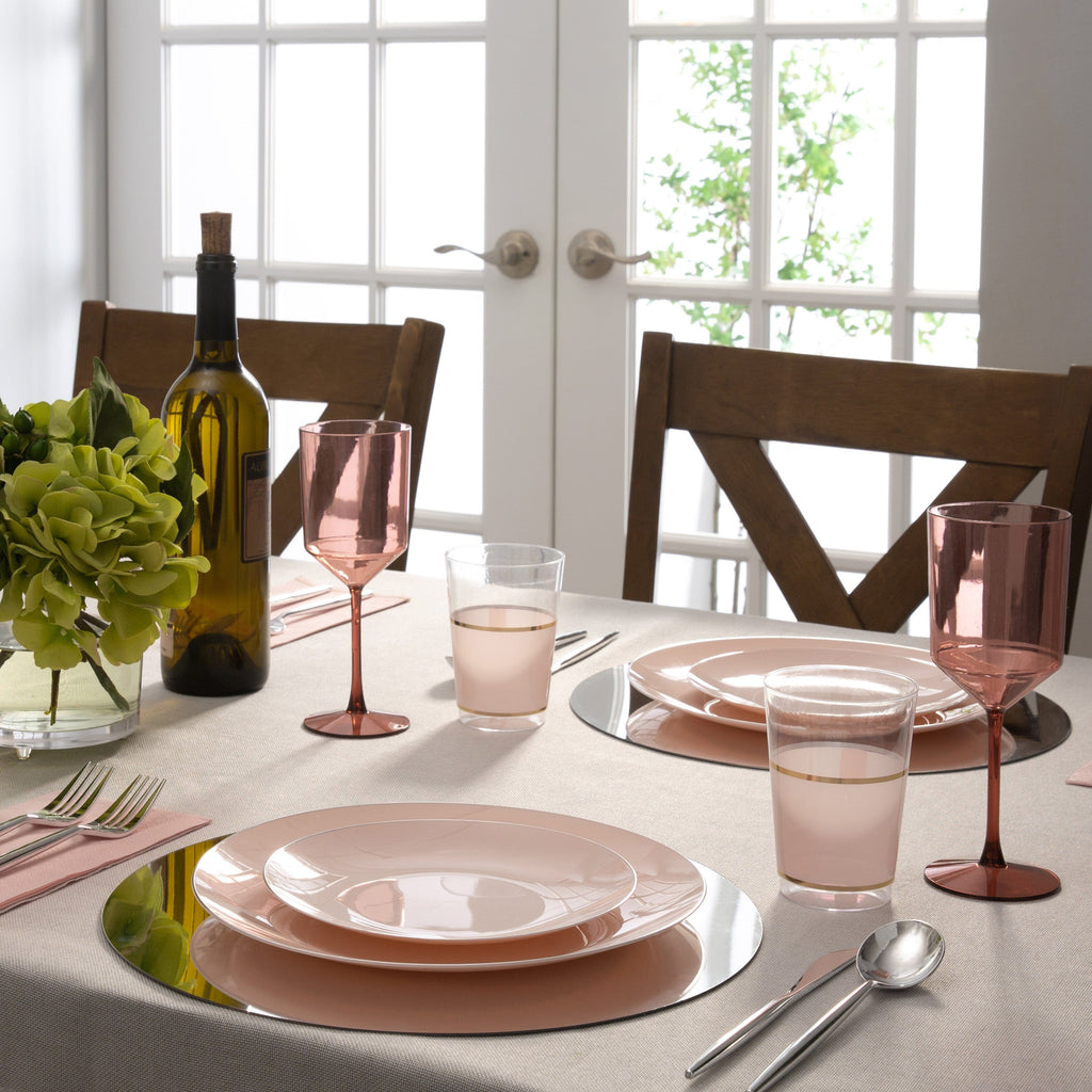Round Blush Pink and Silver Round Plastic Plates | 10 Pack