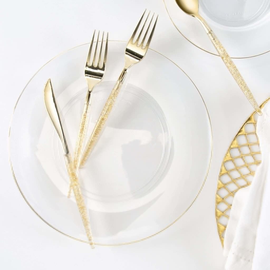 Round Clear and Gold Plastic Plates | 10 Pack