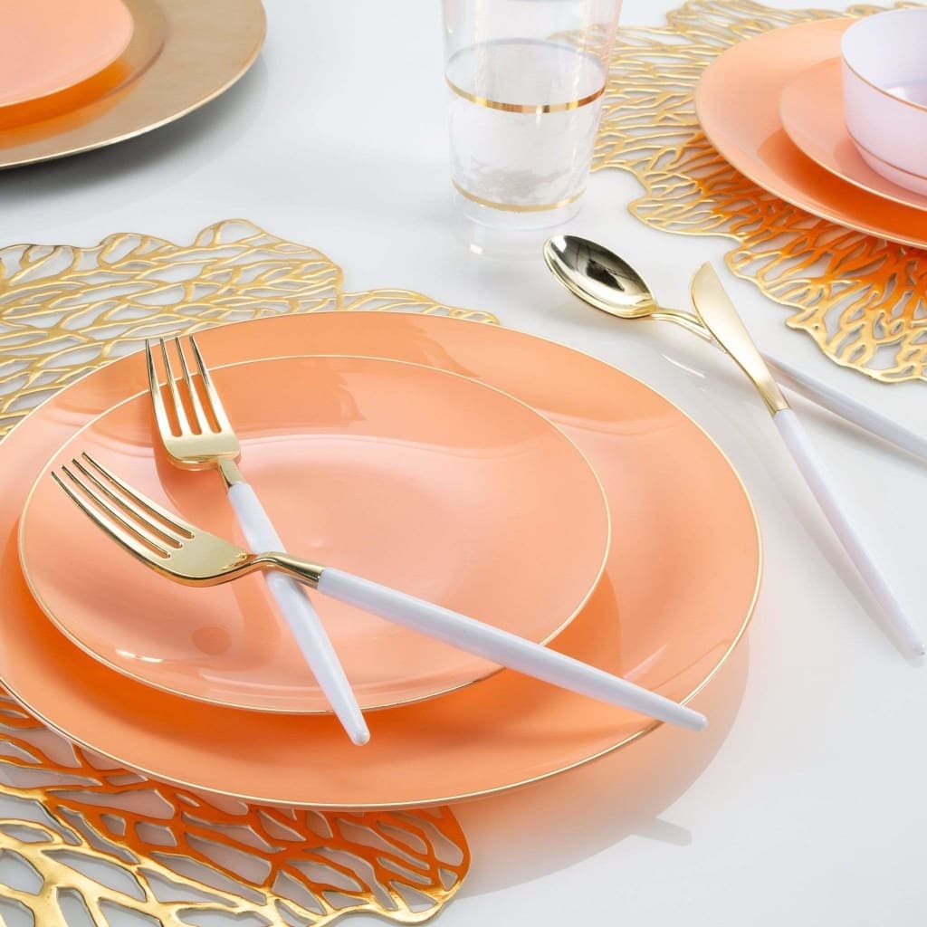 Round Coral and Gold Plastic Plates | 10 Pack