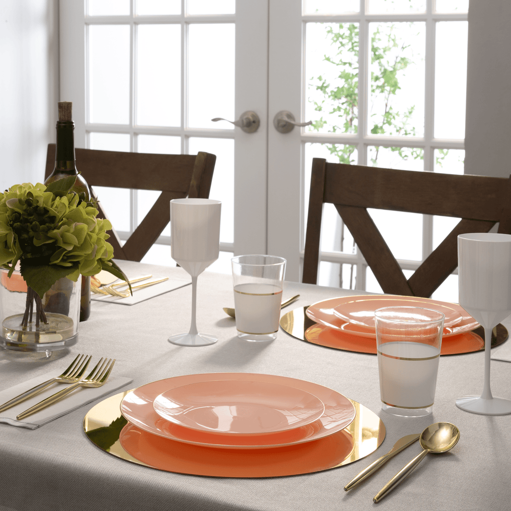 Round Coral and Gold Plastic Plates | 10 Pack